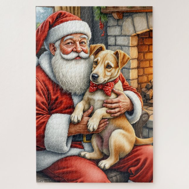 Quebra-cabeça Papai Noel segurando Bouvier des Flandres de Natal (Vertical)