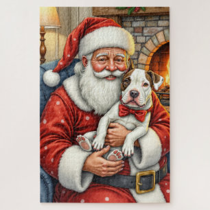 Quebra-cabeça Papai Noel Segurando Bull Terrier Arte de Natal