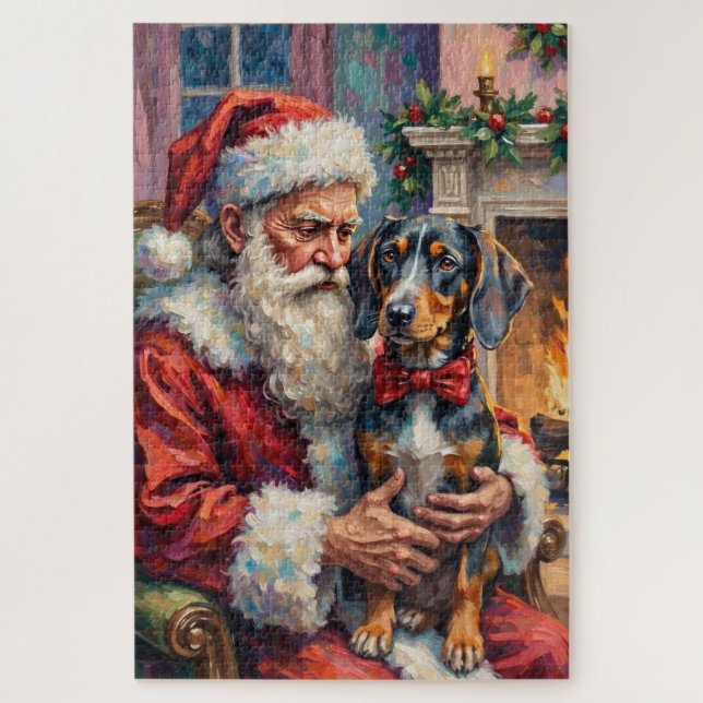 Quebra-cabeça Papai Noel segurando o Bluetick Coonhound de Natal (Vertical)