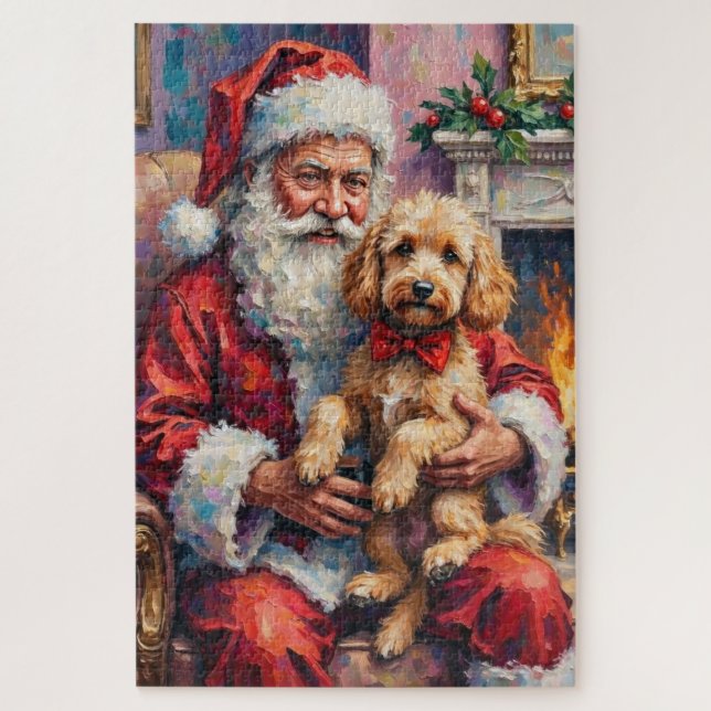 Quebra-cabeça Papai Noel Segurando Poodle Arte de Natal (Vertical)