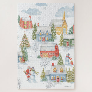 Quebra-cabeça Papais noeis da Vila de Natal Snowmen Watercolor