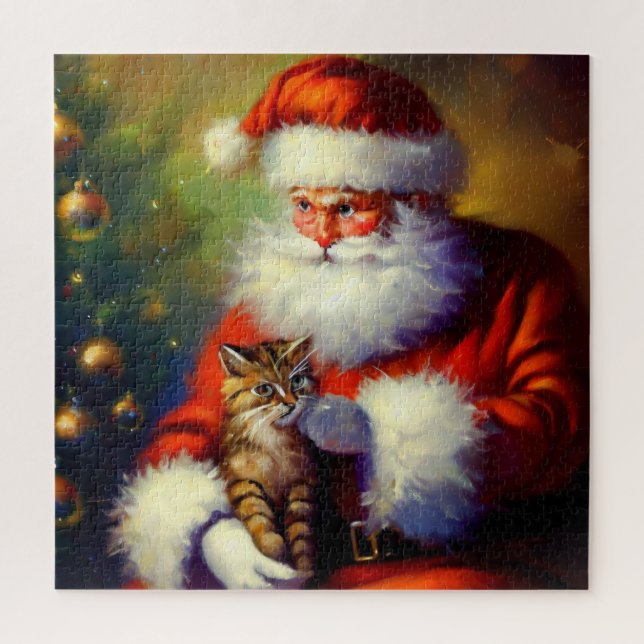 Quebra-cabeça Papais noeis de Natal e um Gato (1) (Vertical)