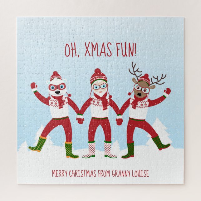 Quebra-cabeça Papais noeis e amigos se divertindo no Natal (Vertical)