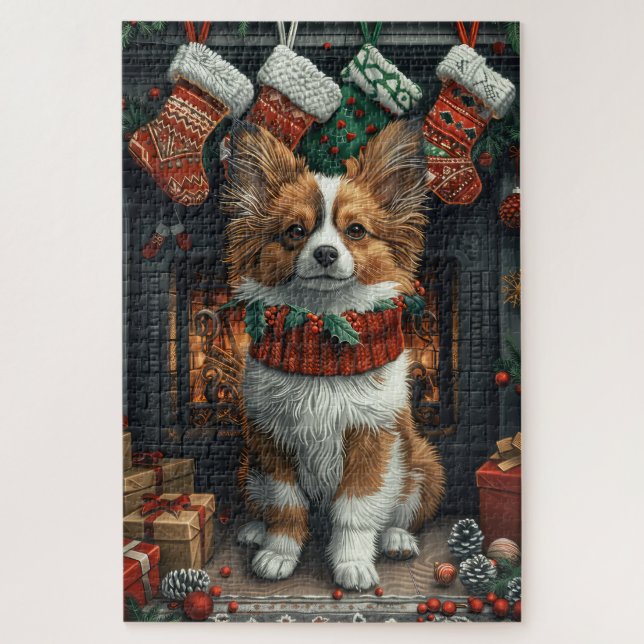 Quebra-cabeça Papillon Cão com Lareira de presentes de Natal (Vertical)
