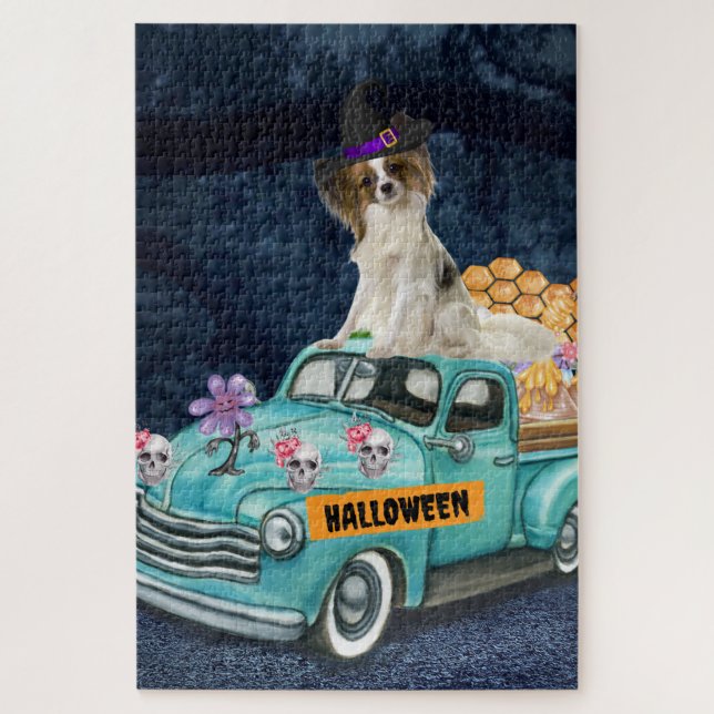 Quebra-cabeça Papillon Dog Halloween Truck Noite Assustadora (Vertical)