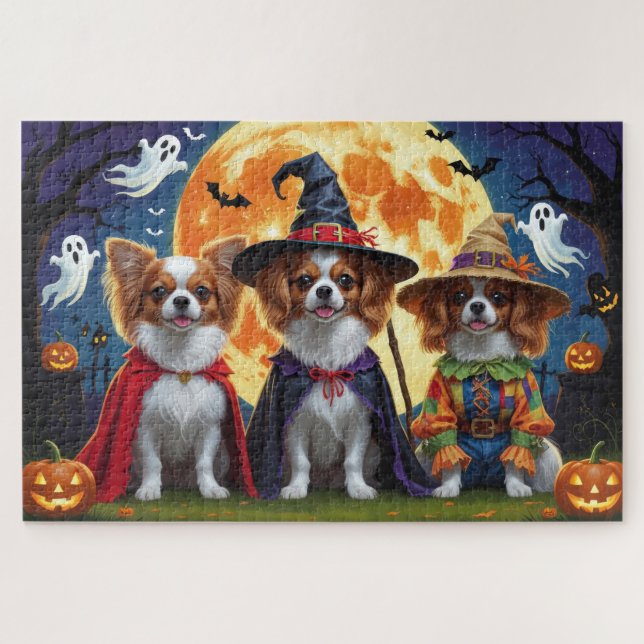 Quebra-cabeça Papillon Dogs Pumpkin Halloween Engraçado (Horizontal)