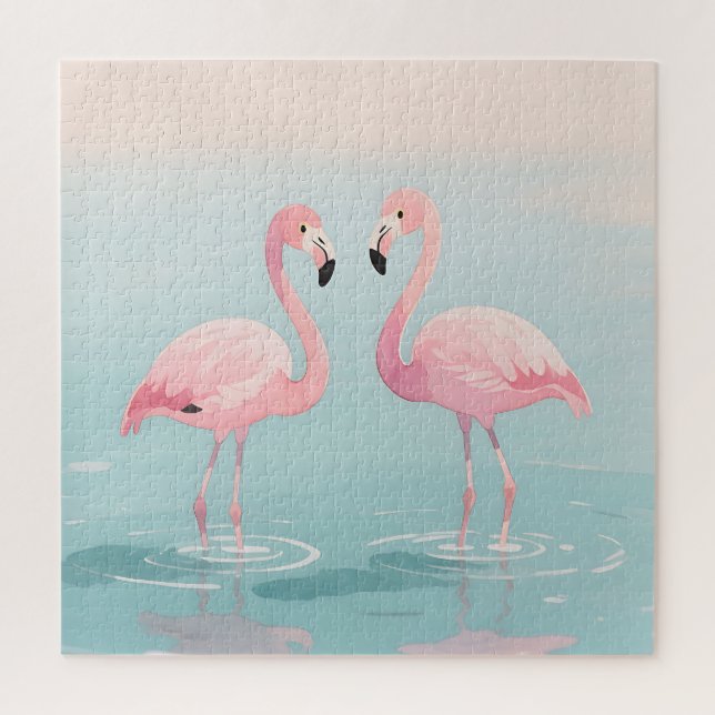 Quebra-cabeça Par de Flamingos Rosa Aquarela Serenidade (Vertical)