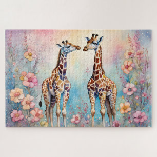 Quebra-cabeça Par de girafas em um jardim pastel