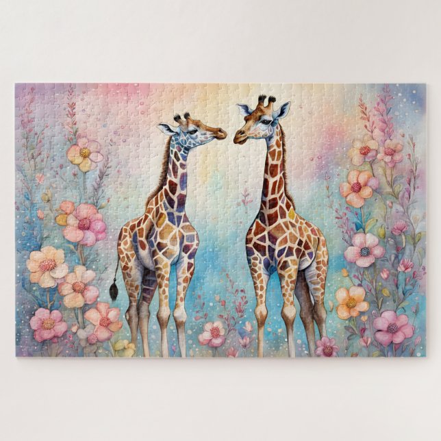 Quebra-cabeça Par de girafas em um jardim pastel (Horizontal)