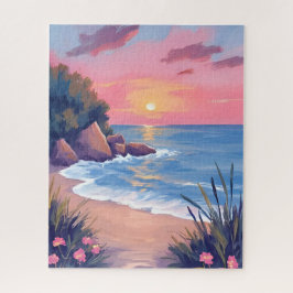 Quebra-cabeça Paradise Cove | Pink Watercolor Ocean Waves Sunset