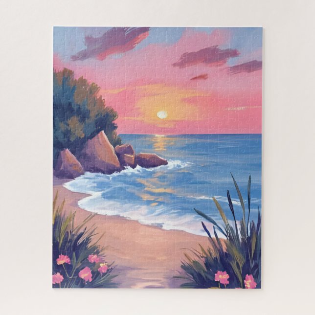 Quebra-cabeça Paradise Cove | Pink Watercolor Ocean Waves Sunset (Vertical)