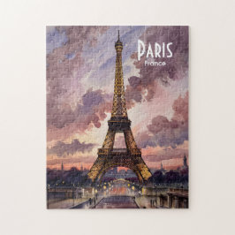 Quebra-cabeça Paris Eiffel Tower Twilight Watercolor Custom Text