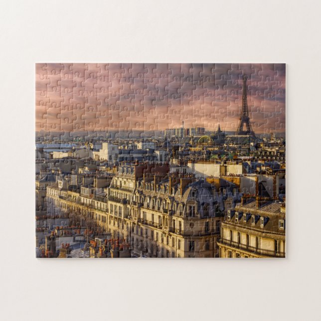 Quebra-cabeça Paris França Skyline Eiffel Tower Pink Sky 11"x14" (Horizontal)