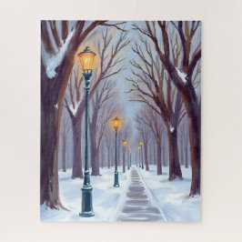 Quebra-cabeça Parque de Inverno com Lampadas de Rua Cidade Aquar