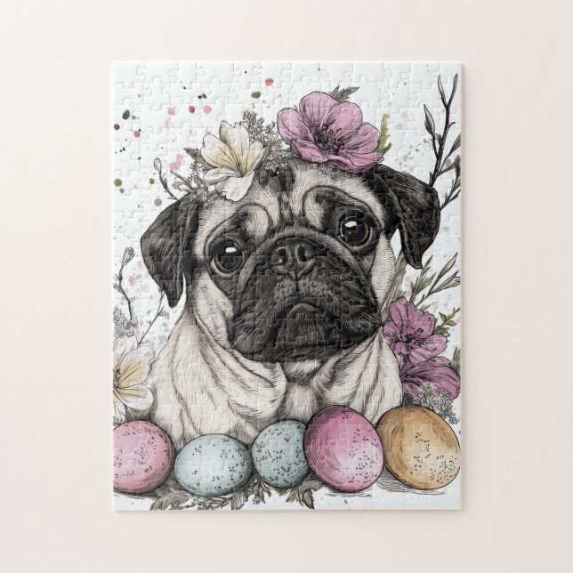 Quebra-cabeça Páscoa pug aquarela floral (Vertical)