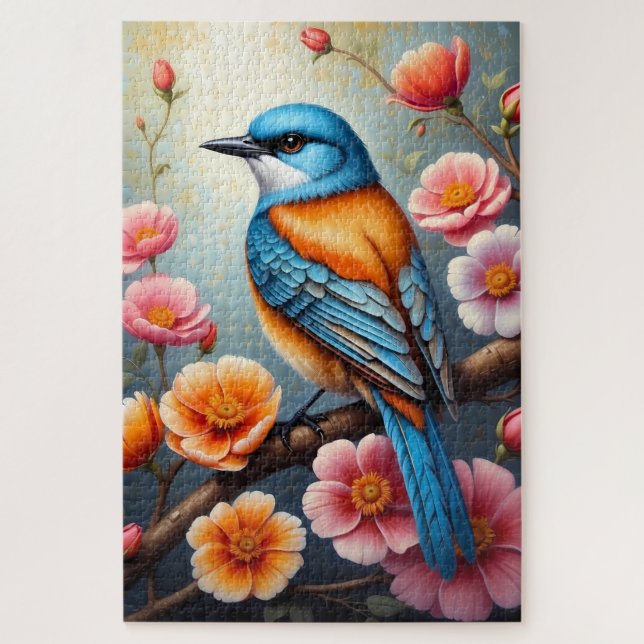 Quebra-cabeça Passarinho Laranja Azul com Flores de Jardim (Vertical)