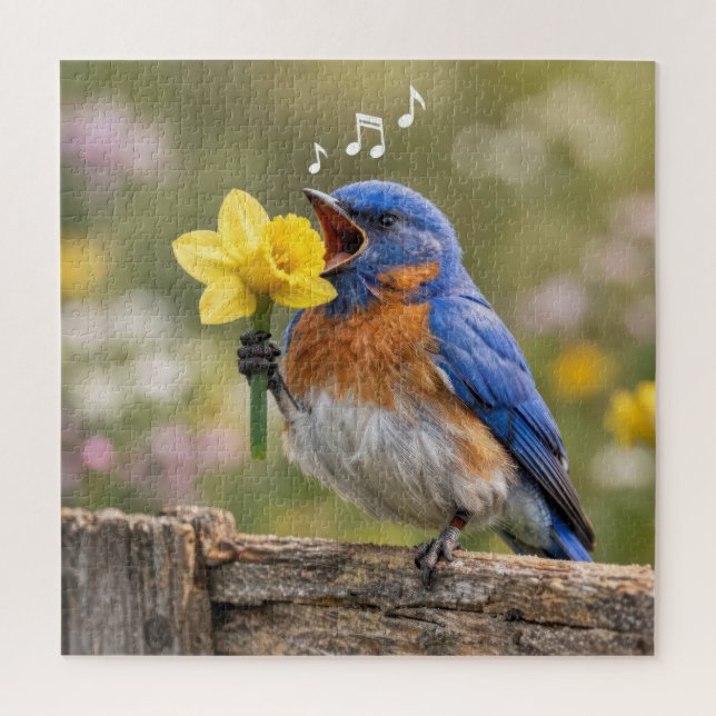 Quebra-cabeça Pássaro Azul Cantando em um Narciso Amarelo (Vertical)