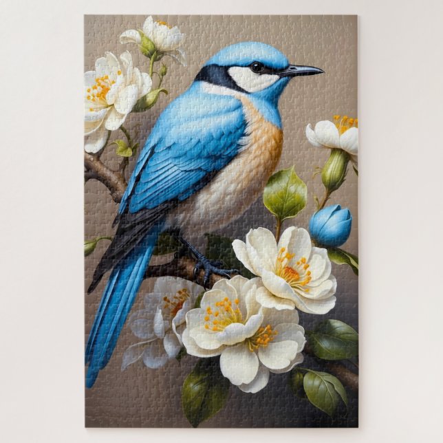 Quebra-cabeça Pássaro Azul com Flores Brancas Botânico (Vertical)