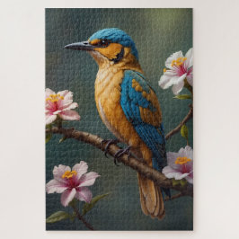 Quebra-cabeça Pássaro Azul Dourado com Flores Brancas