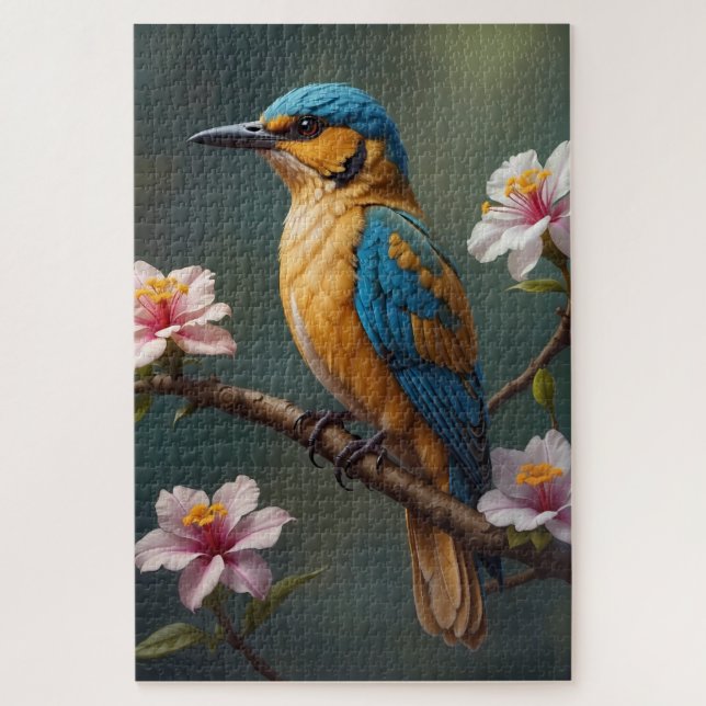 Quebra-cabeça Pássaro Azul Dourado com Flores Brancas (Vertical)