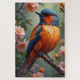 Quebra-cabeça Passaro Azul Laranja com Flores Rosas