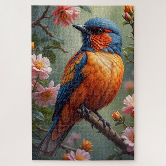 Quebra-cabeça Passaro Azul Laranja com Flores Rosas (Vertical)