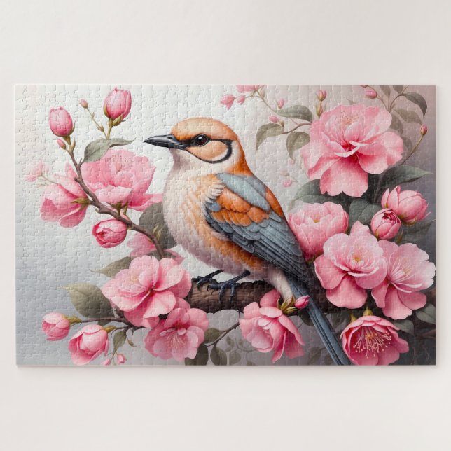 Quebra-cabeça Passaro Bege Laranja com Flores Rosa (Horizontal)
