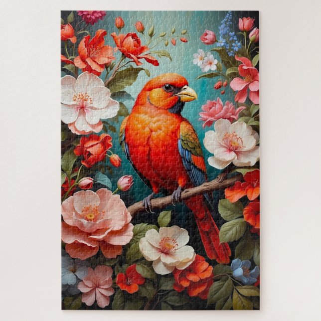 Quebra-cabeça pássaro bonito e colorido em um galho com flores (Vertical)