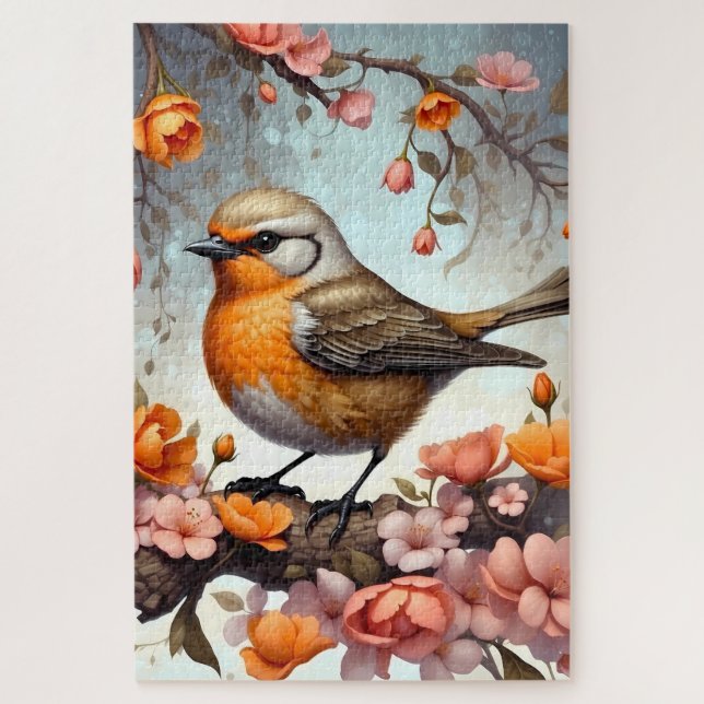 Quebra-cabeça Pássaro Cantor Laranja com Ramo Floral (Vertical)