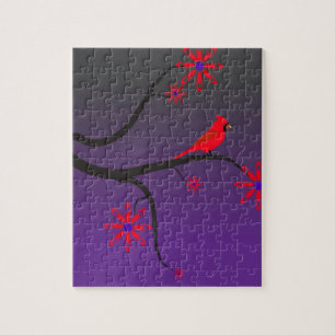 Quebra-cabeça Pássaro cardinal vermelho em uma árvore no fundo