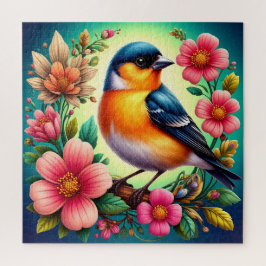 Quebra-cabeça Pássaro Empoleirado Entre Flores Coloridas