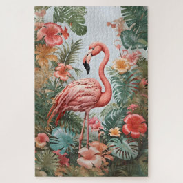 Quebra-cabeça Pássaro Flamingo Rosa Elegante e Flores Tropicais