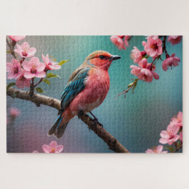 Quebra-cabeça Passaro Rosa Azul com Flor de Cerejeira