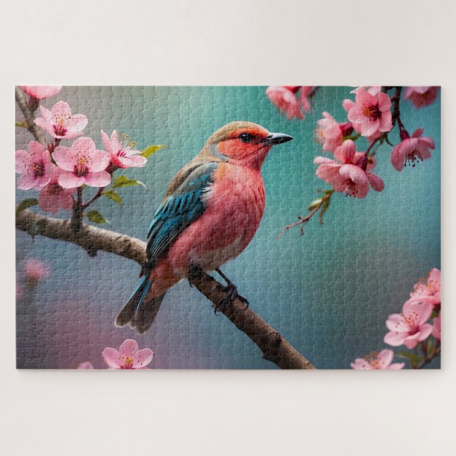 Quebra-cabeça Passaro Rosa Azul com Flor de Cerejeira (Horizontal)
