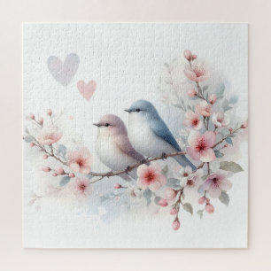 Quebra-cabeça Pássaros de Amor Romântico Ramo de Flor de Cerejei