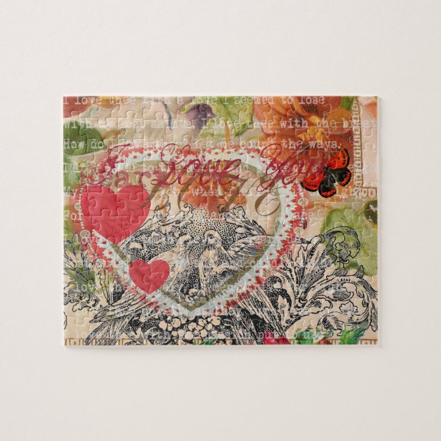 Quebra-cabeça Pássaros do Amor Coração Arte Colagem Vermelha (Horizontal)
