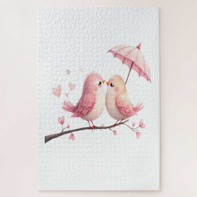 Quebra-cabeça Pássaros sob um guarda-chuva rosa (Vertical)