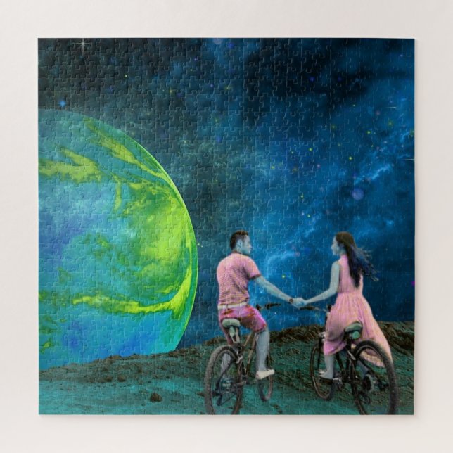 Quebra-cabeça Passeio de Bicicleta de Casal na Lua Espaço Sidera (Vertical)