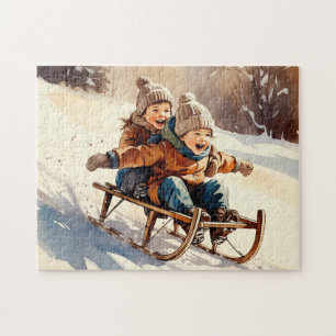 Quebra-cabeça Passeio de Trenó Infantil Vintage Aquarela Inverno