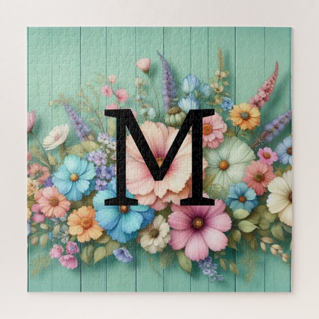 Quebra-cabeça Pastas de monograma com aquarela flores em madeira (Vertical)