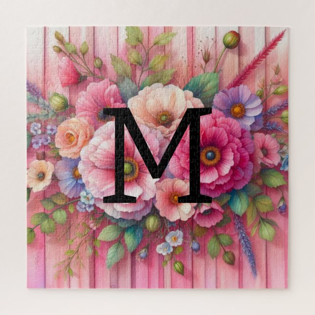 Quebra-cabeça Pastas de monograma de aquarelas flores em madeira (Vertical)