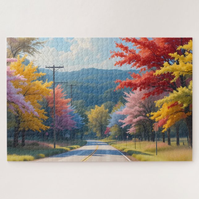 Quebra-cabeça Pastel Autumn Country Road Watercolor (Horizontal)