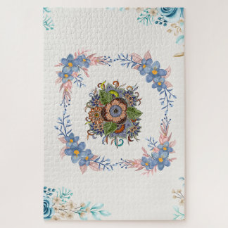 Quebra-cabeça Pastel Calmo em Flor - Floral Azul e Rosa