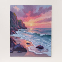 Pastel Pink Beach Sunset Ocean Waves Watercolor