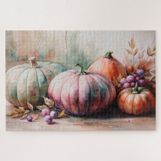 Quebra-cabeça Pastel Pumpkins Watercolor, Autumn Harvest Art (Horizontal)
