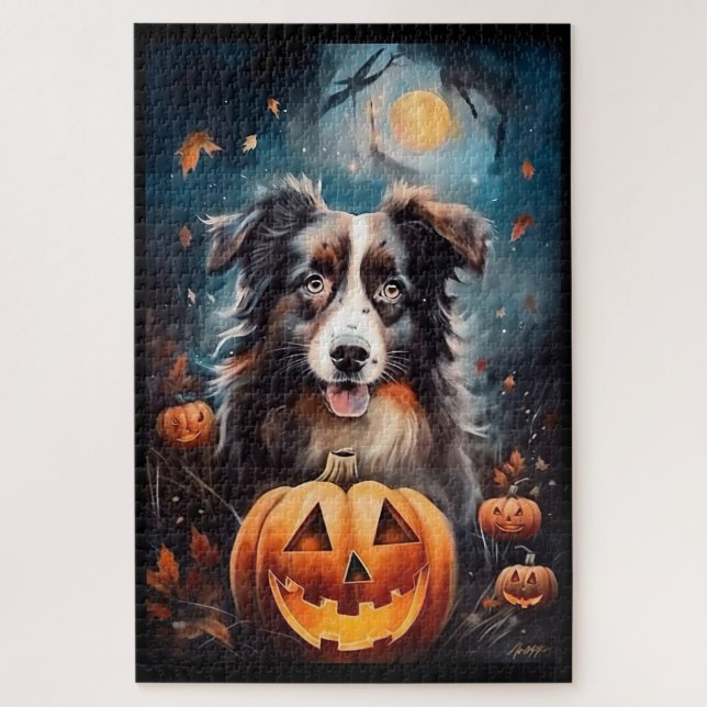Quebra-cabeça Pastor Australiano de Halloween com Abóboras Assus (Vertical)