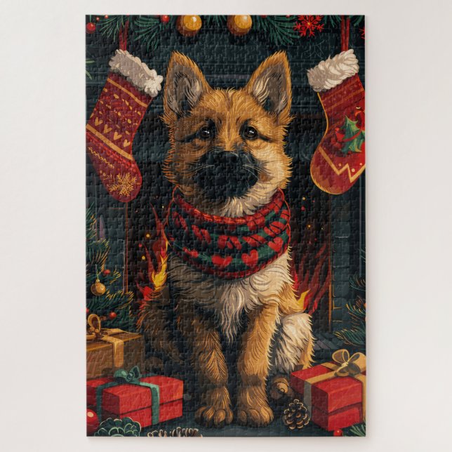 Quebra-cabeça Pastor Belga com Presentes de Natal Lareira (Vertical)