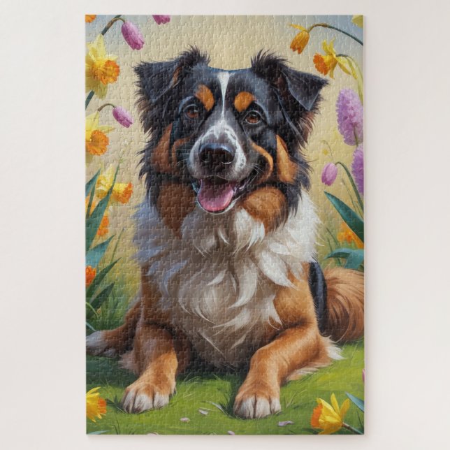 Quebra-cabeça Pastor Belga Pintura Flores da Primavera (Vertical)