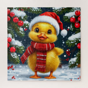 Quebra-cabeça Patinho Amarelo Festivo com Chapéu de Papai Noel