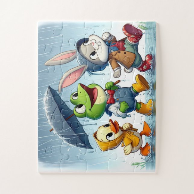 Quebra-cabeça Pato bonito, sapo, coelho na chuva (Vertical)